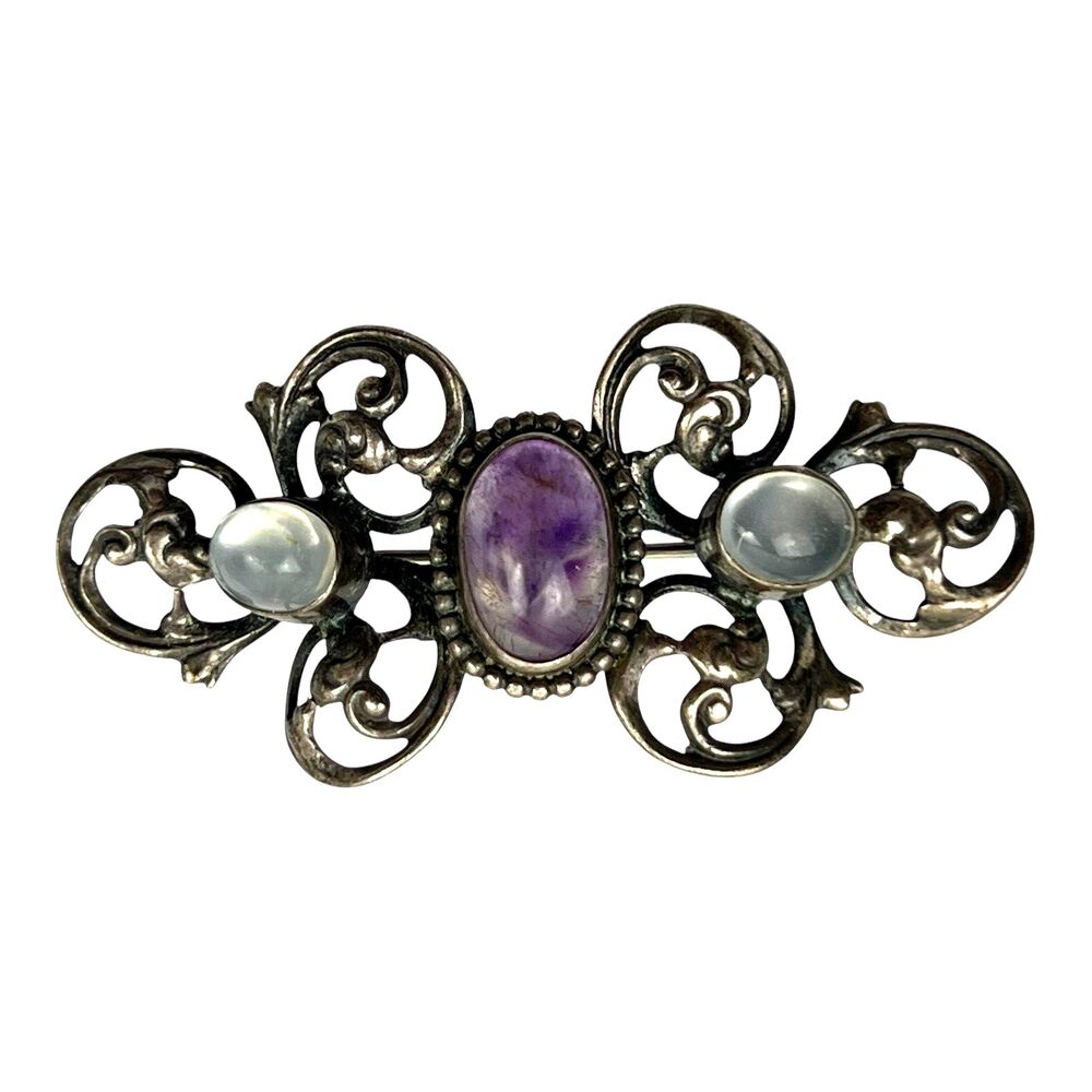 Sterling Silver Brooch Pin Amethyst Vintage Length 2"